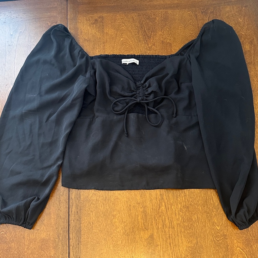 Abercrombie & Fitch Black Puff Sleeve Blouse with Cinched Front